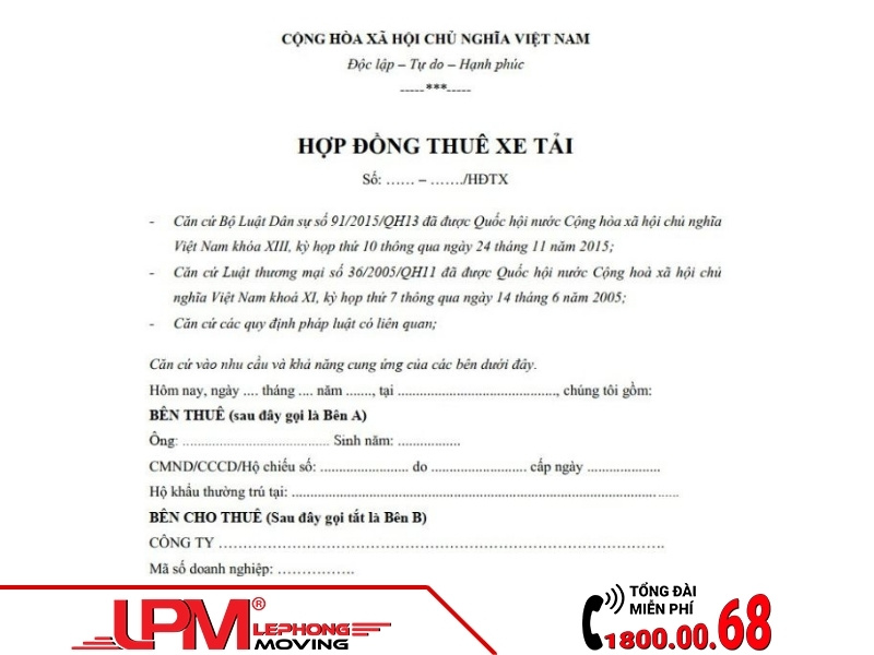 Hợp đồng cho thuê taxi tải