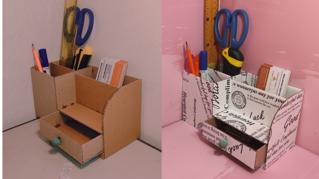 Khay đựng đồ dùng học tập được làm từ thùng carton cũ chuyển nhà